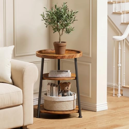 Round Side Table, 15.7in end Table for Living Room, Rustic Brown | Small Table 3 tier Nightstand for Living Room, Bedroom, Porch, Small Space, with Raised Anti-Drop Edge — view 5