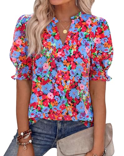 BTFBM Summer Blouses for Women Dressy Casual 2026 Fashion Spring Tops Floral Boho V Neck Puff Short...