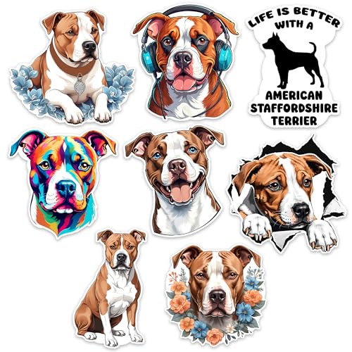 Image of American Staffordshire Terrier Dog Sticker 8 Pcs (Large Size) Vinyl Stickers Laptop Waterproof Decal for Car Bumper Water Bottle Window Funny Party Birthday Decorations - Size 4 Inches
