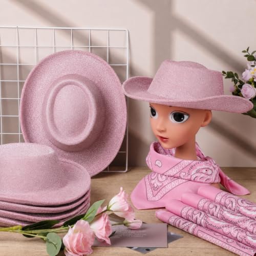 Image of Coume 24 Pieces Cowboy Hats and Bandanas, Glitter Pink