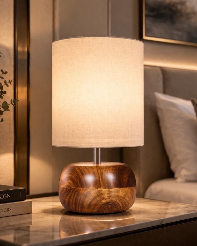 Image of Homesake Handcrafted Wooden Base Table Lamp with Warm Shade, Aara, Bedside Night Light for Bedroom, Living Room, Study Table, Home Decor, Ambient Lighting, (KD Off-White)