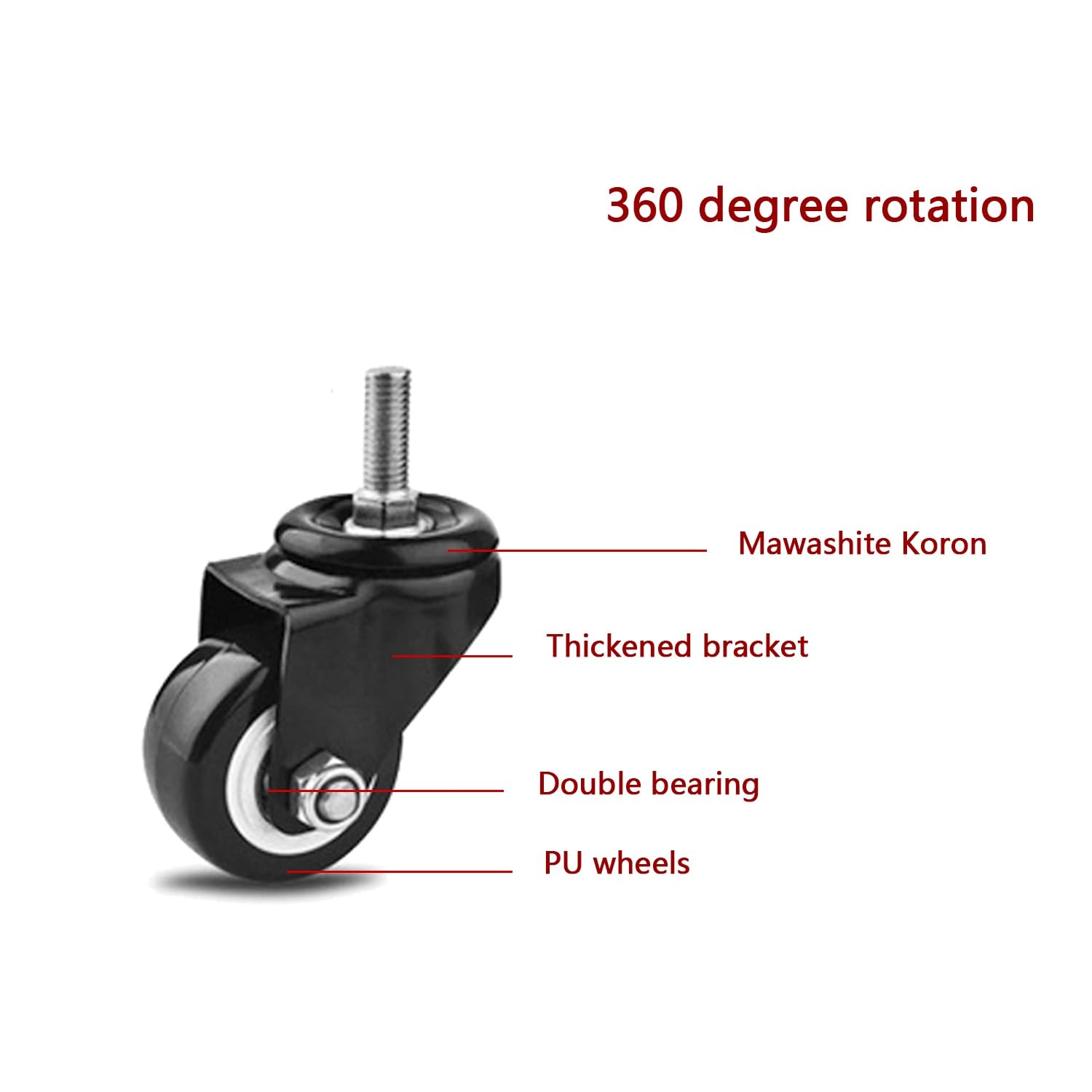 4 Pièces 40mm roulettes Pivotantes Silencieuses avec Frein, M10/12 roulettes Filetées Capacité de Charge 120kg, Roues en PU for Meubles(2swivel+2with Brake,50mm)