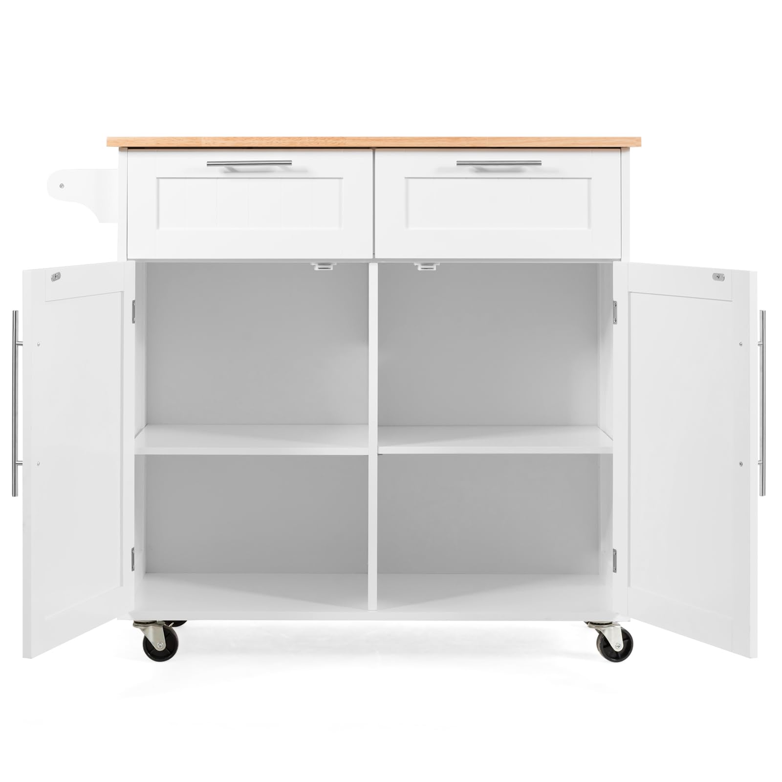 KOMFOTTEU Carrello da cucina con piano di lavoro, isola da cucina con ruote, carrello da portata con 2 cassetti e porte, carrello grande in legno, carrello da cucina, 94 x 45,5 x 94,5 cm (bianco)