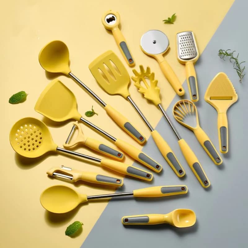 Silicone Cooking Utensil Set, 15 pcs Stainless Steel Silicone Cooking Kitchen Utensils Set, Cooking Utensils for Nonstick Cookware, Kitchen Gadgets and Spatula Set - Yellow