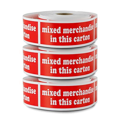 Mixed Merchandise in This Carton Labels (4 x 1.5 inch, Red - 900 Labels) Mixed Merchandise Stickers for Shipping & Handling Instructions - Strong Adhesive