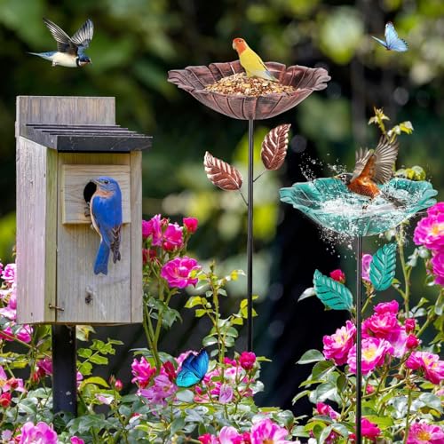 Image of 2 Pack Bird Bath for Outside, Outdoors Garden Decor Flower Birdbath | Vintage Metal Bird Bowl with Five Stakes for Hummingbird Baths & Bird Feeders, 31.3 inch H x 10.63 inch Dia (Bronze,Vintage Green)