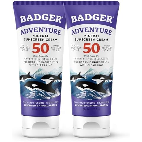 Badger Mineral Sunscreen SPF 50 Zinc Oxide Sunscreen with 98% Organic Ingredients, Reef-Safe, Broad-Spectrum, Hypoallergenic, Water Resistant, Unscented Adventure Sport Sunscreen 2.9 fl oz (2 Pack) Cover