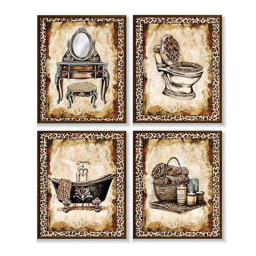 MKYFHSVGD Leopard Print Bathroom Wall Art Posters Set of 4 Vintage Cheetah Vanity Bathtub Toilet Prints Posters for Bathroom Washroom Restroom Powder Room Wall Decor 8x10 Unframed