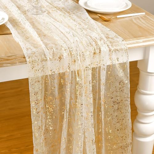 GVSS Chemin de Table Doré 70x300cm avec Paillettes, Bords Dorés, Tulle Organza pour Décoration de Mariage, Anniversaire, Noël et Baptême