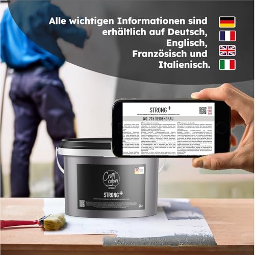 Craft Colors Wandfarbe Strong+ Seidengrau, 5 Liter für stark beanspruchte Flächen wie Treppenhäusern, Fluren, Kellerräumen und Garagenwänden - Nassabriebklasse 1 - Made in Germany