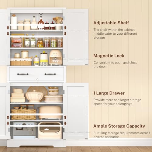 Image of TEENFON Tall Storage Cabinet with 2 Adjustable Shelves & 1 Large Drawer, Kitchen Pantry Cabinet with 4 Doors, Bathroom Storage Cabinets, for Living Room, Kitchen, Bathroom, White