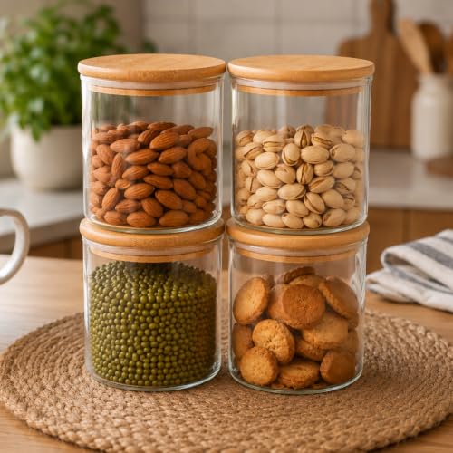 Image of Airtight Glass Storage Jar with Bamboo Lid, 750ml | Borosilicate Multipurpose Kitchen Container for Coffee, Tea, Sugar, Spices, Dry Fruits & Snacks | Pantry Organizer (Pack of 4)