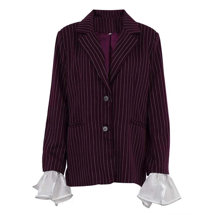 Womens Pinstripe Blazer with Ruffled White Cuffs Wine Red Casual Fit