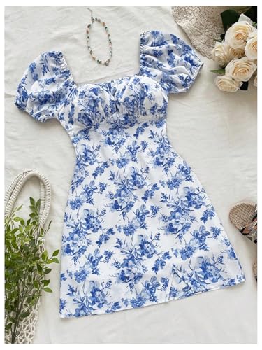 Floerns Women's Floral Puff Sleeve Square Neck A Line Dress Ruched Bust Boho Flared Mini Dresses3