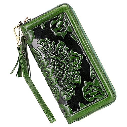 PIJUSHI Leather Wallets For Women Floral Wristlet Wallet Card Holder Purse (91853 Green)