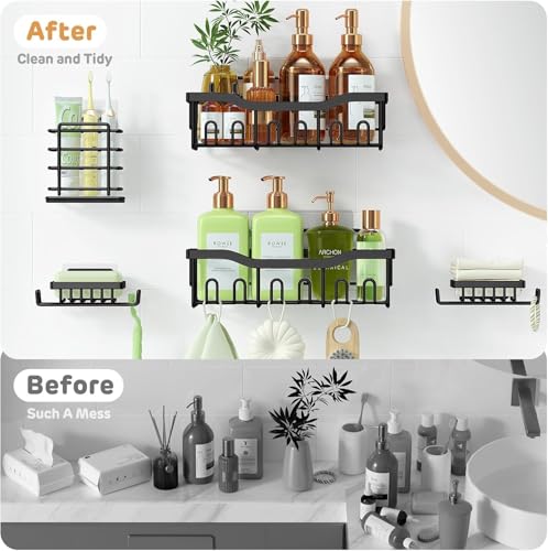 Image of BIRDWING 5 in 1 Self Adhesive Organizer Combo /Racks and Shelves for Wall /Stand for Bathroom Without Drill /Soap Holder for Bathroom with Tooth Brush Holder (Black) Set of 5