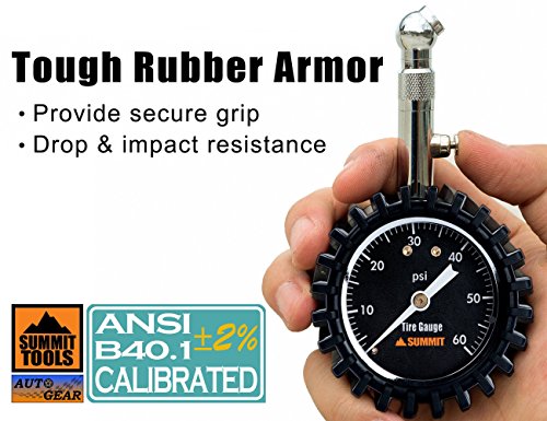 Summit Tools Tire Pressure Gauge with Glow Dial, 0 to 60 PSI, Hold Valve, 10 in. Flexible Hose, Pressure Bleeding Button, Rubber Head Cover. Automobile Accessory