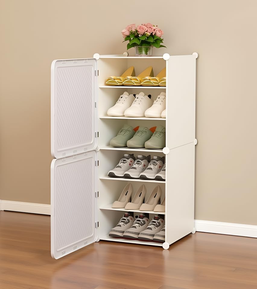 Image of Sunderlook Shoe Rack Plastic for Home- Slipper Stand, Professional Shoe Stand, Chappal Stand, Multipurpose Foldable Standing Comfort Runner Shoe Rack with Door (White, 6 Shelf 2 Door)