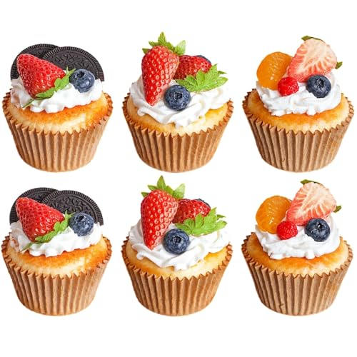 Artificial Cupcake Display Model, Realistic PU Faux Cupcakes, Includes 6 Pieces with Fruit and Cream Decoration, Brown Wrinkled Cupcake Liners, Ideal for Photography, Art, and Home Decoration