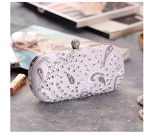 RajoNN Abendhandtaschen für Damen, Tasche für Damen, bestickte Perlentasche, Diamanten, Brauttasche, Kettentasche, Clutch (Aprikose) (weiß)