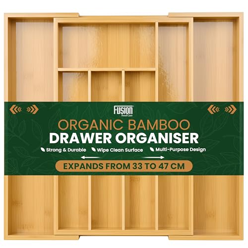 Fusion Food Expandable Bamboo Cutlery Drawer Organiser – 33 to 47 cm Adjustable Kitchen Drawer Divider - Natural Bamboo Utensils Holder & Cutlery Tray Organiser - Durable & Easy to Clean