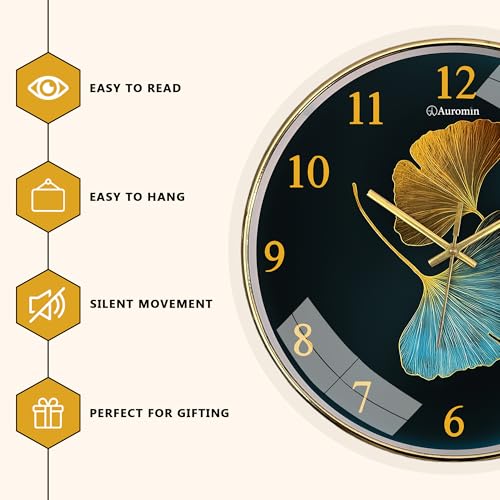 Image of Auromin Wall Clock for Hall | Silent Wall Clock for Living Room Stylish Modern | Premium Fancy Unique Wall Watch for Bedroom, Office (Gold-Leaf)