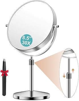 Auxmir 30X Magnifying Mirror, 8.5'' Double Sided 30X/1X Magnifying Makeup Mirror with Stand, Height Adjustable 360  Swivel Bathroom Vanity Mirror for Shaving, Dressing Table, Desktop, Bedroom