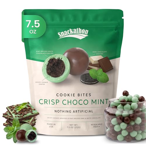 Snackathon Crisp Choco Mint Cookie Bites, 7.5 oz Resealable Snack Pack, Mint White and Dark Chocolate Covered Cookie Bite, Grocery Cookies for Parties, Snack Bag & Sharing, Made in USA