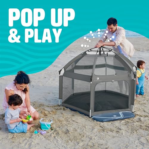 POP 'N GO Premium Outdoor Baby Playpen with Self-Inflating Playmat (Anchor Grey) and Picnic Blanket (Whimsical Waves)