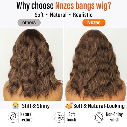 Image of Nnzes Short Wavy Bob Wig with Bangs for Women Shoulder Length Curly Soft Auburn Brown Copper Mix Synthetic Heat-Resistant Fiber Hair for Daily & Party Use