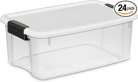 Sterilite 24-Pack Stackable Storage Bin with Lid, Clear Plastic Design, 18 Quart