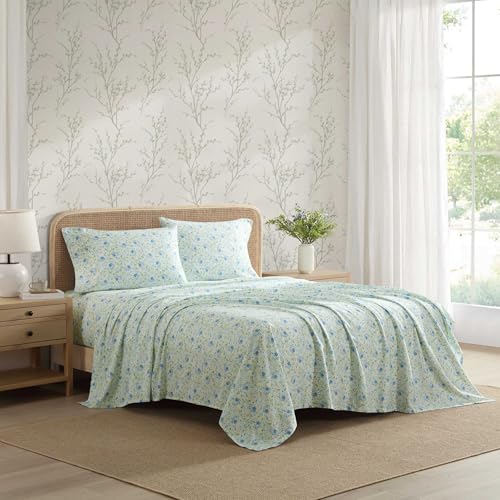 Image of Laura Ashley - Queen Sheet Set, Ultra-Soft Bed Sheets with a Naturally Silky Smooth Cotton Sateen, Deep Pockets, Floral Bedding with Matching Fitted Sheet & Pillowcases (Rownea Blue)