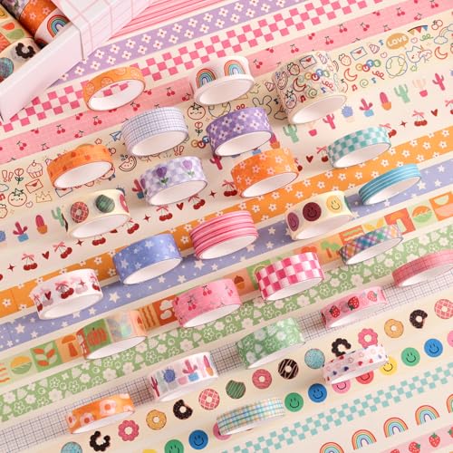 Image of PAGEMORE 32 Rolls Colorful Cute Floral Writable Washi Tape Set, Decorative Tapes for Scrapbooking and Journaling, Junk Journal Supplies, Bullet Journaling for Women Girl 5-30mm Wide 9.84ft Long /Roll