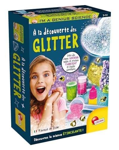 Lisciani – I'm A Genius – Descubrimiento de Purpurina para niños a Partir de 7 años – Kit de experimentos científicos con Lentejuelas – Fabricación de Limo Brillante y Cristales Fluorescentes