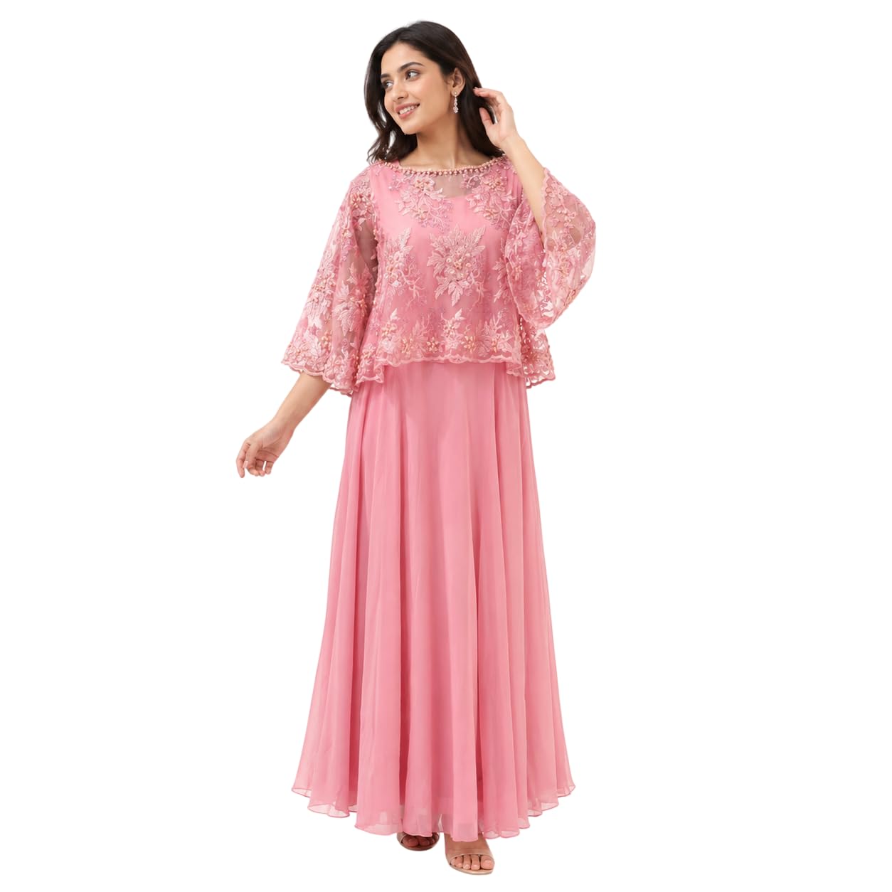 Women Gown Baby Pink | Elegant Ethnic & Western Style Long Dress for Women Festive Wedding Reception Evening Casual Family Occasion Celebration Fashion Wear Outfit-image-40