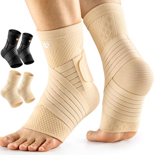 Image of Low-Profile Ankle Braces for Women & Men, Customizable Ankle Compression Sleeve w /Wide Strap, Foot Support Wrap for Plantar Fasciitis Pain Relief, Achilles Tendonitis, Sprain, Beige, 1 Pair, S