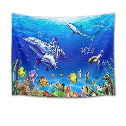 HVEST Marine Life Wall Tapestry Dolphin Shark Turtle and Fish Under Blue Sea Wall Hanging Ocean Tapestries for Kids Bedroom Living Room Dorm Wall Decor Birthday Party Background,80Wx60H inches