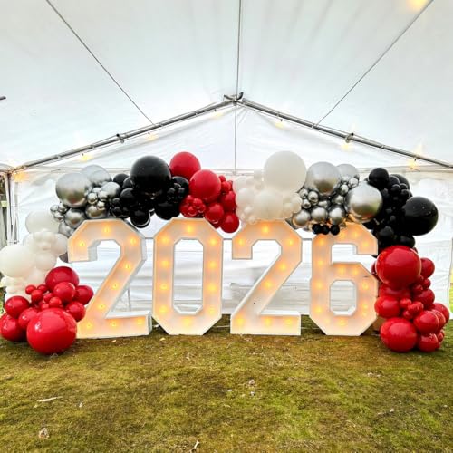 Image of Red Black Balloons, 60 Pcs 12 Inch Double Stuffed Red Matte Black White Balloon with Metallic Silver Balloon for Halloween Vampire Prom New Year Race Car Theme Birthday Poker Card Party Decorations