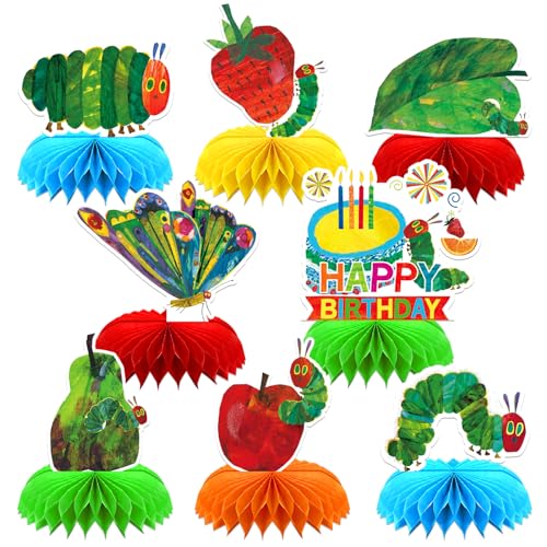 8 Pcs Very Hungry Caterpillar Party Decoration, Cartoon Caterpillar Theme Honeycomb Centerpieces 3D Double Sided Table Decorations, Photo Booth Props for Kids Boys Girls Birthday Party Supplies