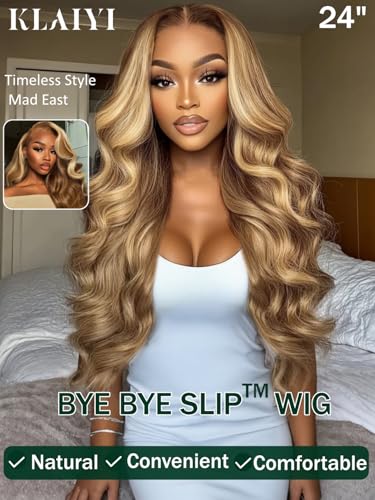 Image of KLAIYI Bye Bye Slip Honey Blonde Highlight Body Wave Pre Everything Glueless 13x4Ear to Ear Lace Frontal Wigs Human Hair Drawstring Ombre Pre Plucked Bleached Knots 3S Ready to Wear and Go Wig 20Inch