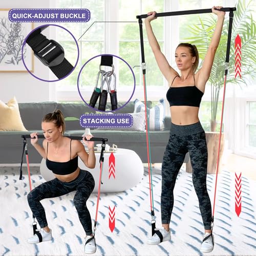 Image of Goocrun Portable Pilates Bar Kit with Resistance Bands for Men and Women - 3 Set Exercise Resistance Bands - Multifunctional Home Gym - Supports Full-Body Workouts - with Fitness Poster and Video