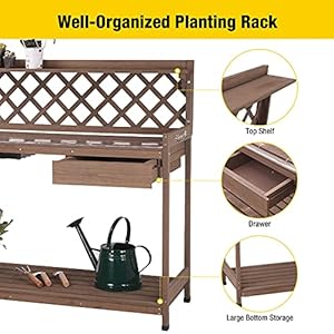 Aivituvin Potting Bench with PVC Layer, Outdoor Gardening Work Bench with Sink & Lid, Wooden Planting Table for Outside with Storage, Drawer, Shelf, Hook Aivituvin Potting Bench with PVC Layer Outdoor Gardening Work Bench with Sink Lid Wooden Planting Table for Outside with Storage Drawer Shelf Hook