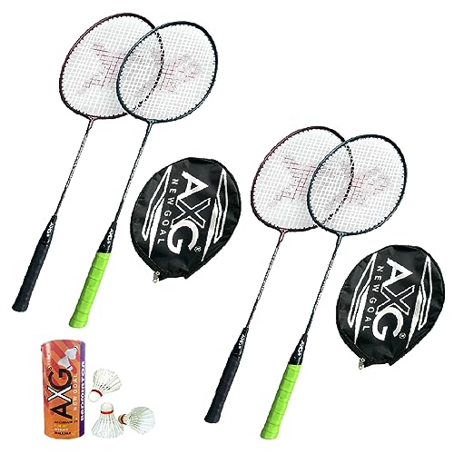 Image of AXG Scratch Resistant A-2000 Badminton Rackets Set of 4 with 3 Feather Shuttles Badminton Kit (Multicolor)
