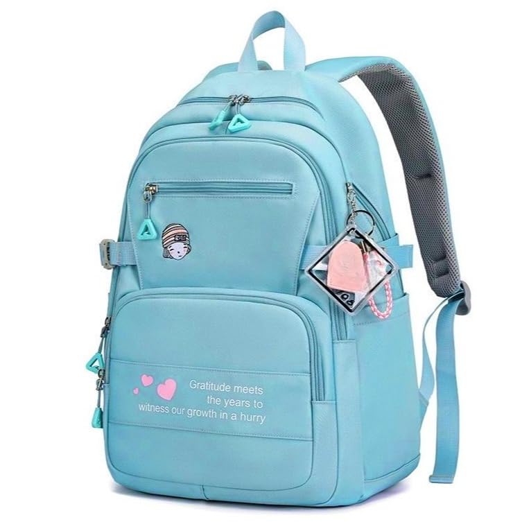 Mochila Feminina espaçosa de grande capacidade resistente nylon e leve mochila escolar elegante para viagens e uso diá (Azul Bebê（Sem pingente）)