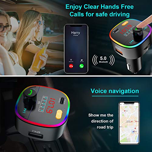 ZEEPORTE Bluetooth FM Transmitter for Car, 10 Colors LED Backlit QC3.0& USBC PD 27W Quick