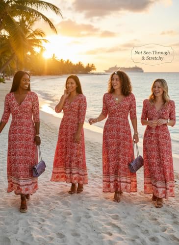 Image of Yajedo Womens Casual Summer Maxi Dress Plus Size Sexy Wrap V Neck 3 /4 Sleeve Sundress with Pockets