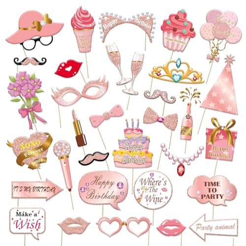 Zamety 33 peças de acessórios para fotos de aniversário, caixa de fotos de ouro rosa, acessórios para caixa de fotos, acessórios de aniversário, acessórios de fotos para carnaval, festas