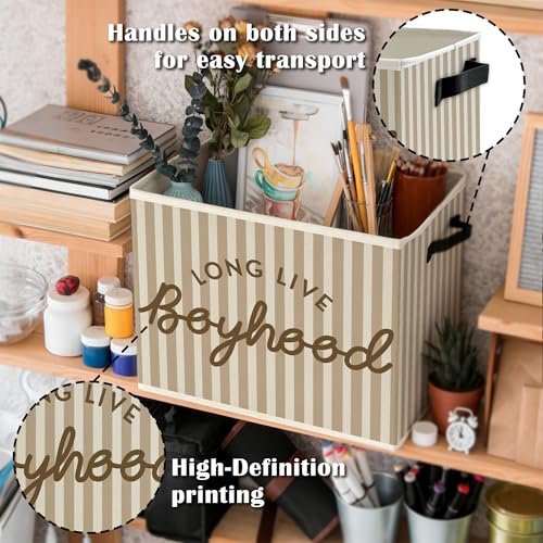 Image of Long Live Boyhood Boys Storage Bins Box with Handles, Beige Stripe Collapsible Basket Organizer for Kids Teen Boy Nursery Room Bedroom Bathroom Playroom Books Clothes
