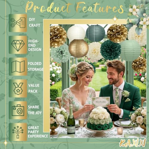 Image of KAXIXI 15-Pack Sage Green Party Decorations, Paper Lanterns & Pom Poms