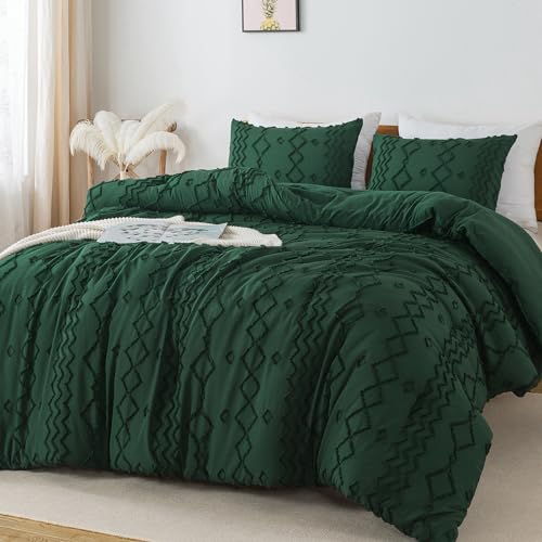 Image of Andency King Size Comforter Set, 3 Pieces Dark Emerald Green Boho Tufted Geometric Shabby Chic Bedding, Soft Fluffy Farmhouse Bed Set, Jacquard Textured Comforter for All Season (104x90 Inch)